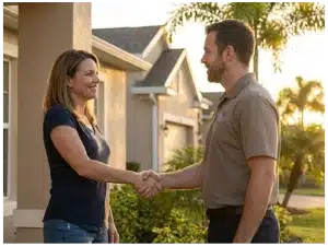 Florida home restoration expert from Major Restorations meets with a homeowner prior to the water damage insurance claim process.