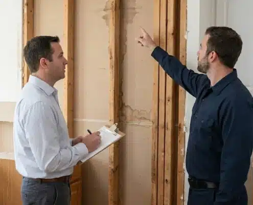 Homeowner showing a Florida insurance adjuster wall damage from a water leak.