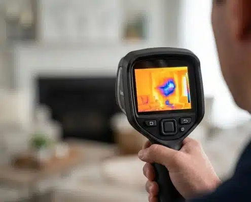 Water damage repair and restoration technician checking home for hidden damage.