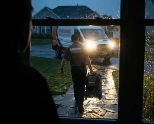 Emergency response technician carries equipment used for water extraction in homes to prevent additional structural damage from standing water and mold mitigation.