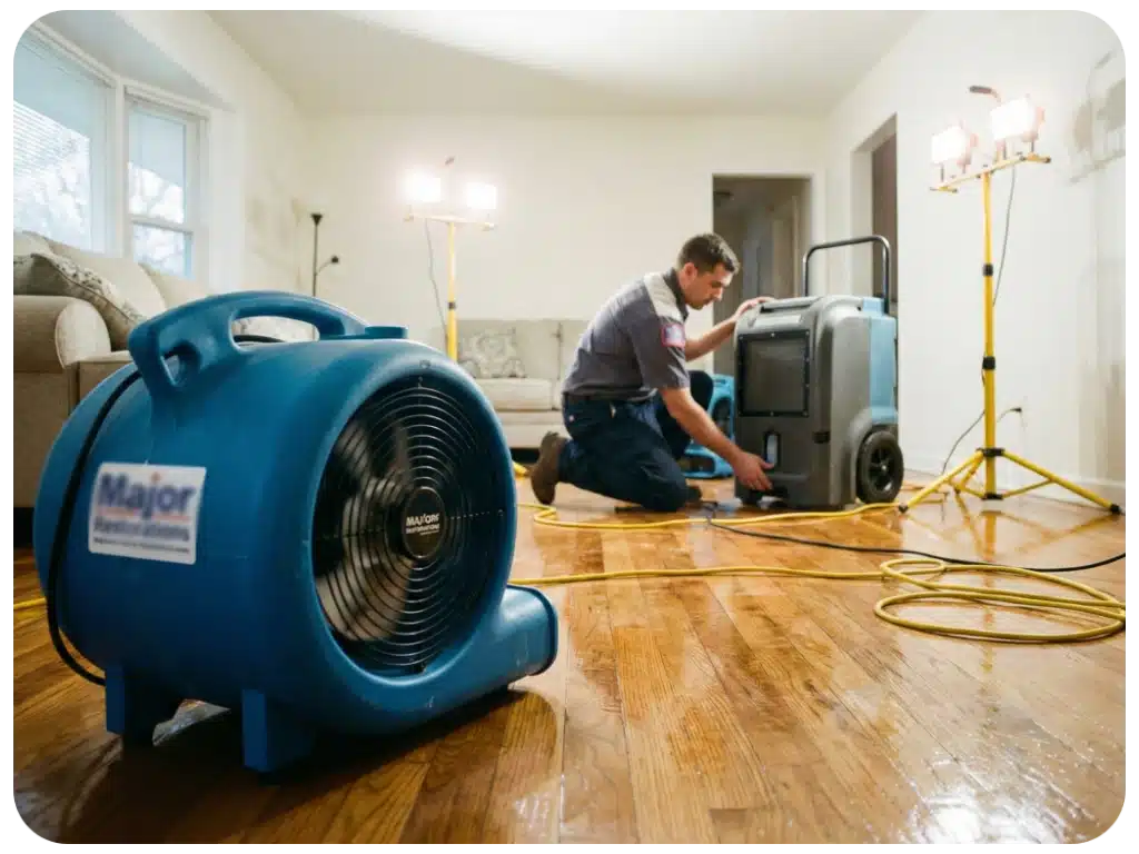 Major Restorations 24/7 emergency response technician in the Tampa Bay area extracts water to prevent further water damage and prevent mold growth.