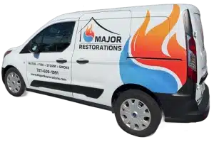 Major Restorations service van used to respond to water damage emergencies for homeowners in Tampa, FL. Restorations services for flooding, storms, water, and fire.