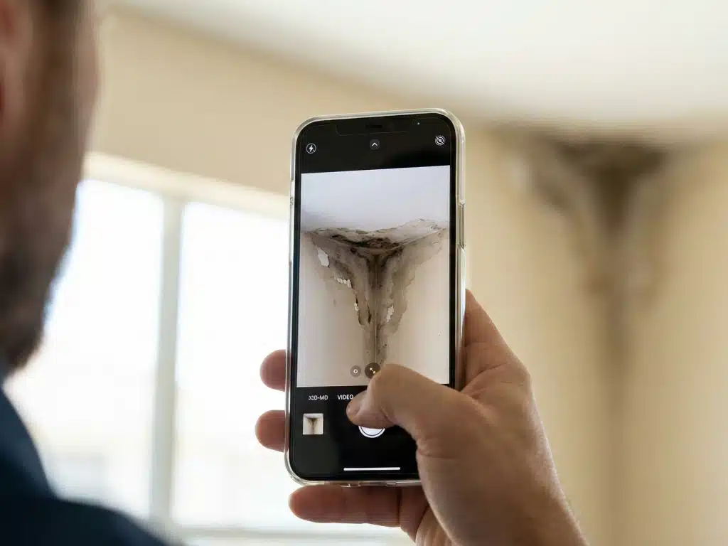 Close-up of a homeowner using a phone to photograph water damage and mold growth on an interior ceiling corner caused by an active roof leak.