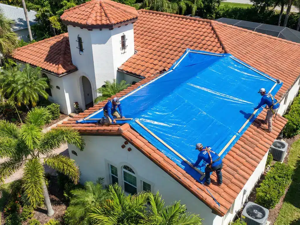 Major Restorations professionals installing an emergency blue roof tarp on a Mediterranean-style tile roof in Tampa Bay to prevent secondary water damage after a storm.
