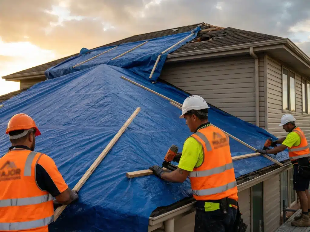 Licensed restoration contractors performing emergency mitigation by securing a heavy-duty blue tarp on a damaged shingle roof in Clearwater, Florida.